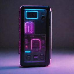 An electropunk-style phone with a sleek, digital design, vibrant neon lights, and eclectic electronic gadgetry