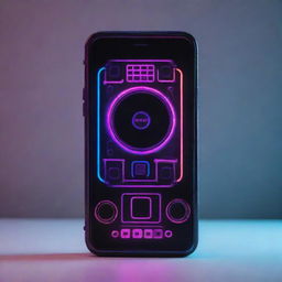 An electropunk-style phone with a sleek, digital design, vibrant neon lights, and eclectic electronic gadgetry