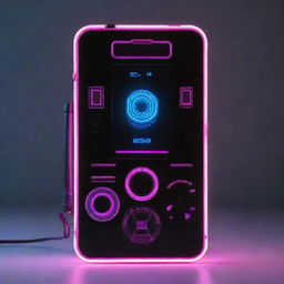 An electropunk-style phone with a sleek, digital design, vibrant neon lights, and eclectic electronic gadgetry