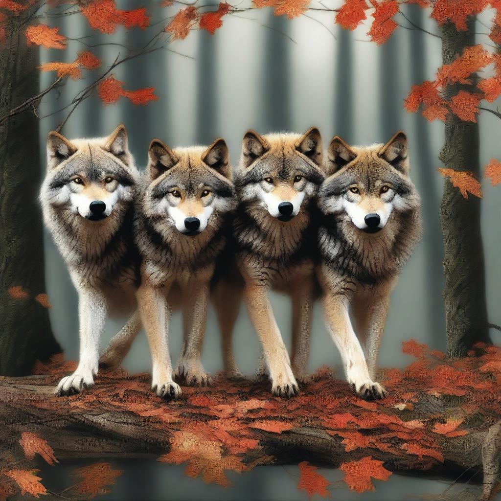 A high-quality digital art image showcasing a pack of wolves pulling a long branch together