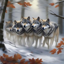 A high-quality digital art image showcasing a pack of wolves pulling a long branch together