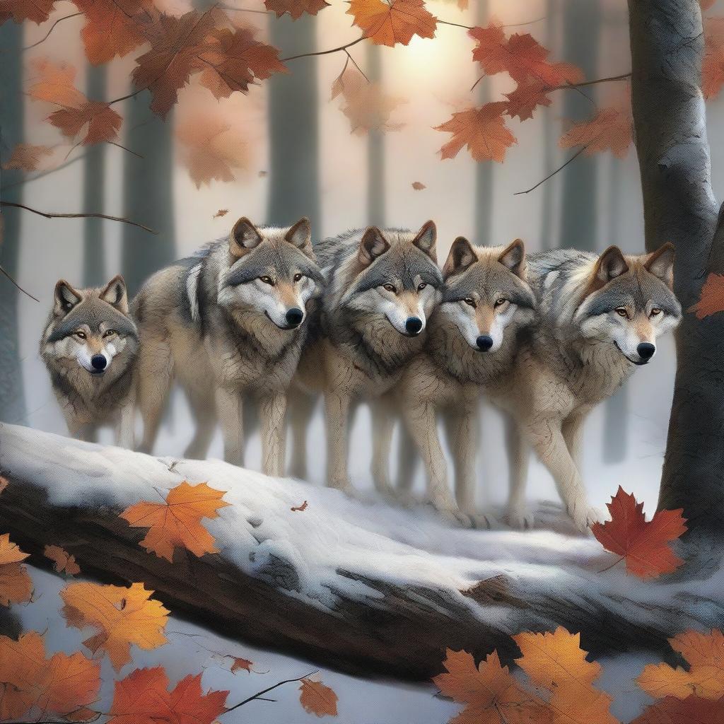 A high-quality digital art image showcasing a pack of wolves pulling a long branch together