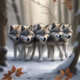 A high-quality digital art image showcasing a pack of wolves pulling a long branch together