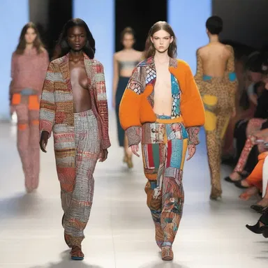 The runway show featured models wearing a conglomerate of bold patterns and textures.