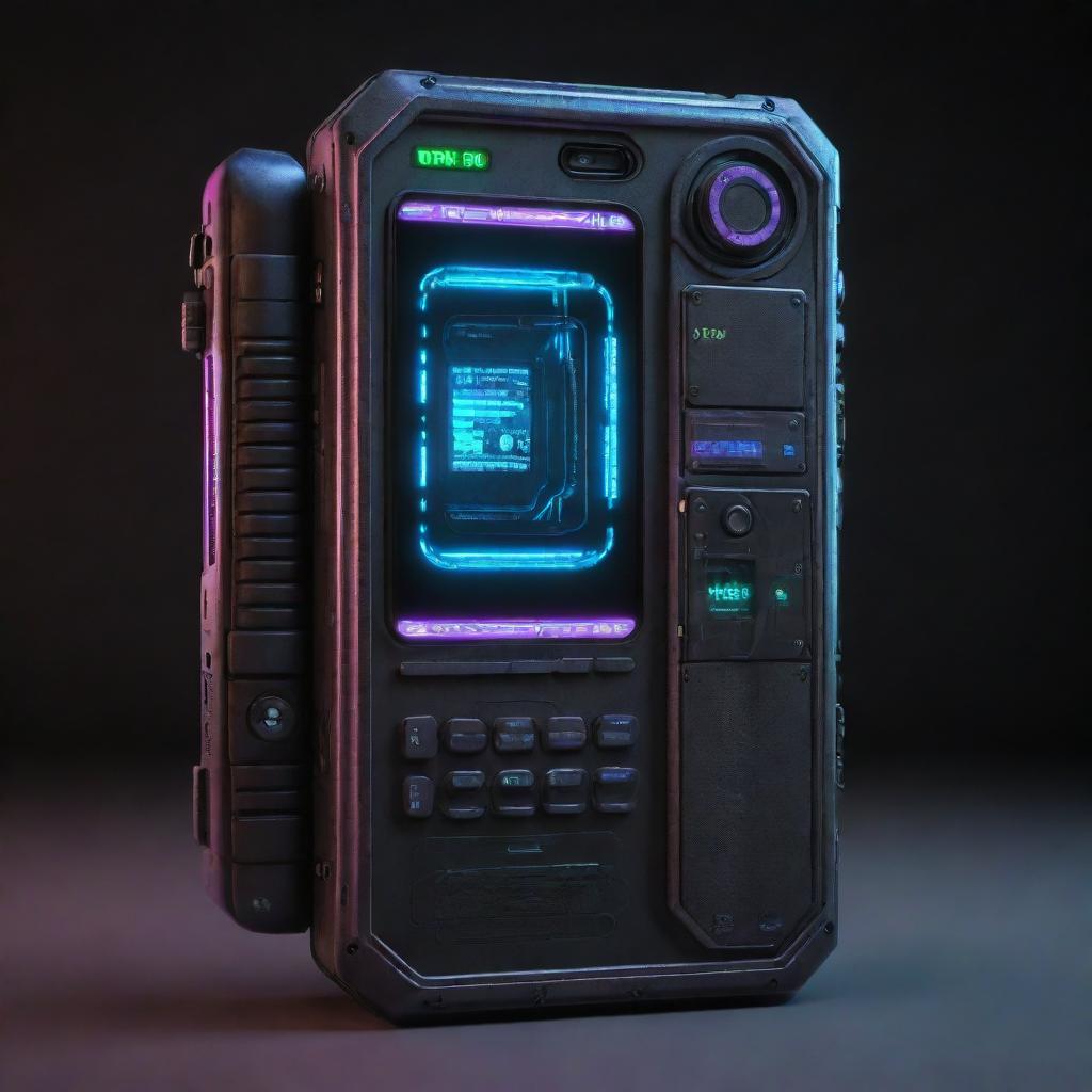 A cyberpunk-style phone, high-tech, dystopian, with neon lights, holographic interfaces, rugged metal design and built-in futuristic features