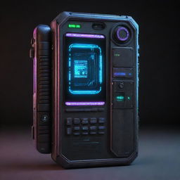 A cyberpunk-style phone, high-tech, dystopian, with neon lights, holographic interfaces, rugged metal design and built-in futuristic features