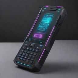 A cyberpunk-style phone, high-tech, dystopian, with neon lights, holographic interfaces, rugged metal design and built-in futuristic features