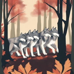 A vector art image displaying a pack of wolves pulling a long branch together