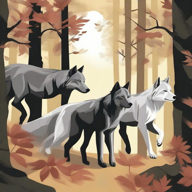 A vector art image displaying a pack of wolves pulling a long branch together