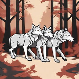 A vector art image displaying a pack of wolves pulling a long branch together