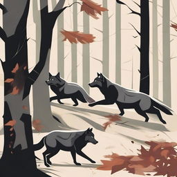 A vector art image displaying a pack of wolves pulling a long branch together