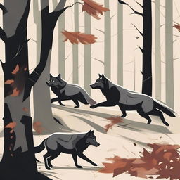 A vector art image displaying a pack of wolves pulling a long branch together