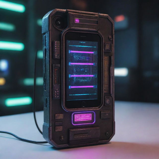 A cyberpunk-style phone, high-tech, dystopian, with neon lights, holographic interfaces, rugged metal design and built-in futuristic features