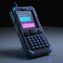 A cyberpunk-style phone, high-tech, dystopian, with neon lights, holographic interfaces, rugged metal design and built-in futuristic features