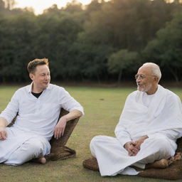 Elon Musk and Mahatma Gandhi sitting together in a serene and peaceful setting, engaging in a conversation.