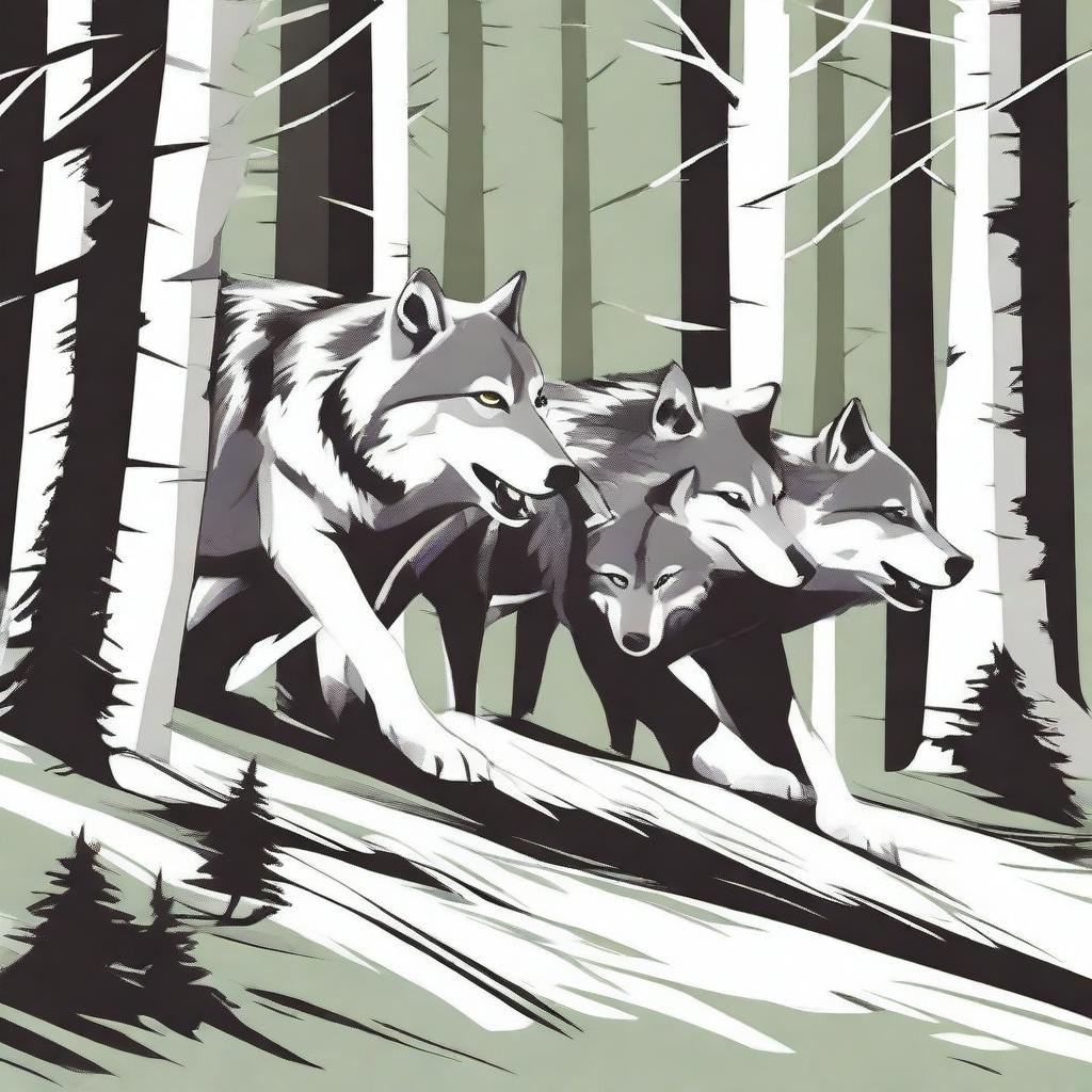 A vector art image, high in quality, depicts a pack of wolves pulling a long branch together