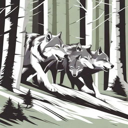 A vector art image, high in quality, depicts a pack of wolves pulling a long branch together