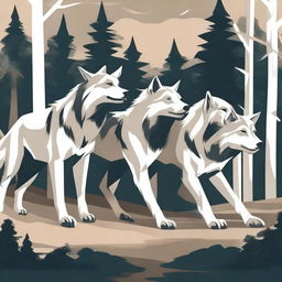 A vector art image, high in quality, depicts a pack of wolves pulling a long branch together