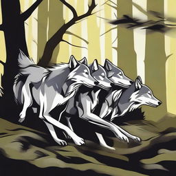 A vector art image, high in quality, depicts a pack of wolves pulling a long branch together