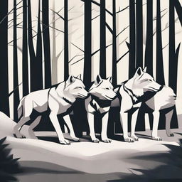 A vector art image, high in quality, depicts a pack of wolves pulling a long branch together