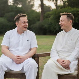 Elon Musk and Mahatma Gandhi sitting together in a serene and peaceful setting, engaging in a conversation.