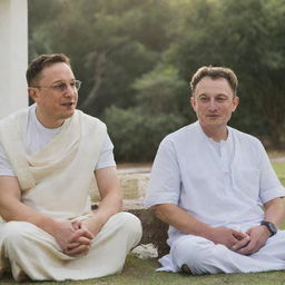 Elon Musk and Mahatma Gandhi sitting together in a serene and peaceful setting, engaging in a conversation.