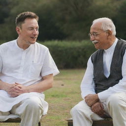 Elon Musk and Mahatma Gandhi sitting together in a serene and peaceful setting, engaging in a conversation.