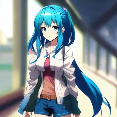 The anime character's unmistakable blue hair and vibrant outfit make her instantly recognizable.