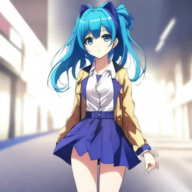 The anime character's unmistakable blue hair and vibrant outfit make her instantly recognizable.