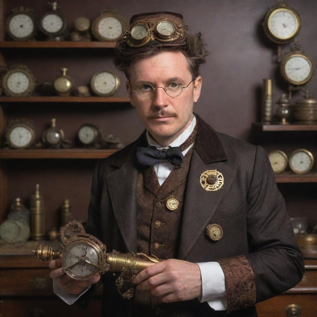 A steampunk-style doctor dressed in 19th-century attire, with brass and copper medical instruments, goggles, intricate gears, and Victorian-style accessories