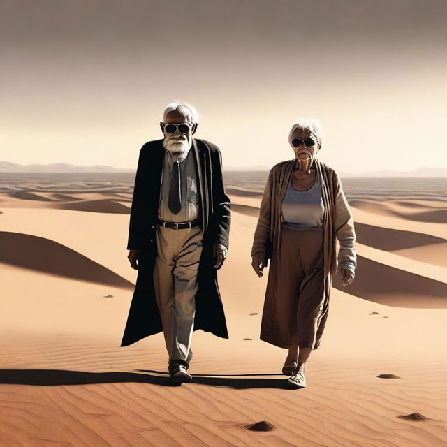 This is a high-quality digital art representation of an old man and a blind old woman, distinguished by her black glasses, traversing a vast desert landscape hand in hand