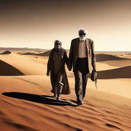 This is a high-quality digital art representation of an old man and a blind old woman, distinguished by her black glasses, traversing a vast desert landscape hand in hand