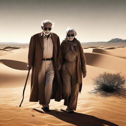 This is a high-quality digital art representation of an old man and a blind old woman, distinguished by her black glasses, traversing a vast desert landscape hand in hand