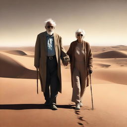 This is a high-quality digital art representation of an old man and a blind old woman, distinguished by her black glasses, traversing a vast desert landscape hand in hand