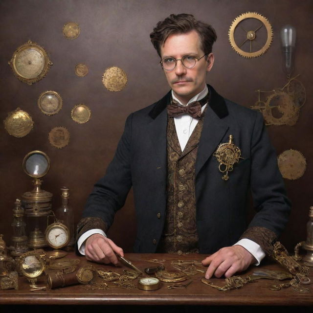 A steampunk-style doctor dressed in 19th-century attire, with brass and copper medical instruments, goggles, intricate gears, and Victorian-style accessories