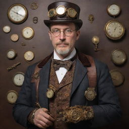 A steampunk-style doctor dressed in 19th-century attire, with brass and copper medical instruments, goggles, intricate gears, and Victorian-style accessories