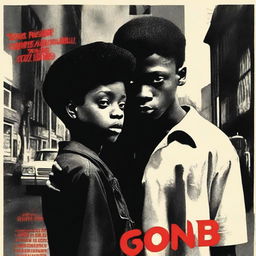 A high-quality, 1960s style cinematic movie poster, featuring a white goth boy and a black girl from a street gang