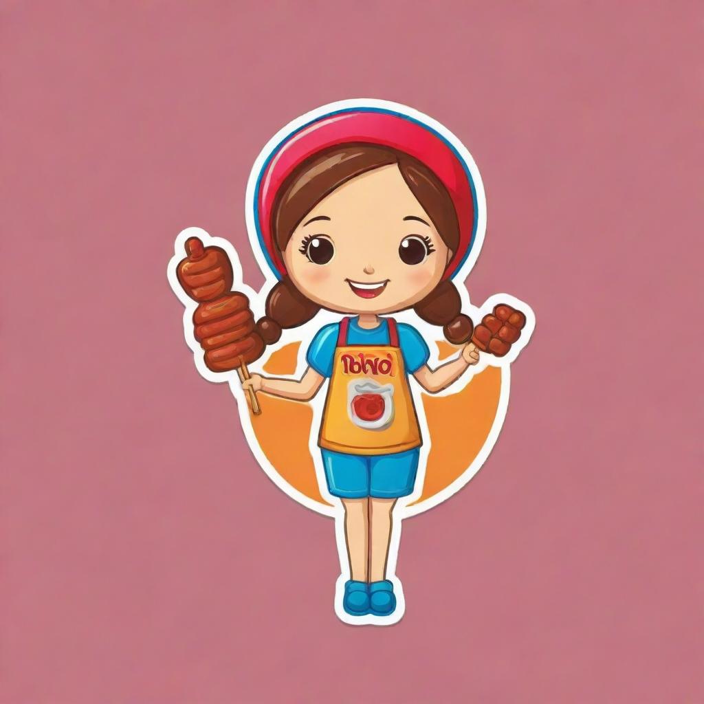 A doll holding a barbecue skewer in a logo design. The doll has cheerful features and is detailed with a BBQ skewer in its hand. The overall logo is vibrant and engaging.