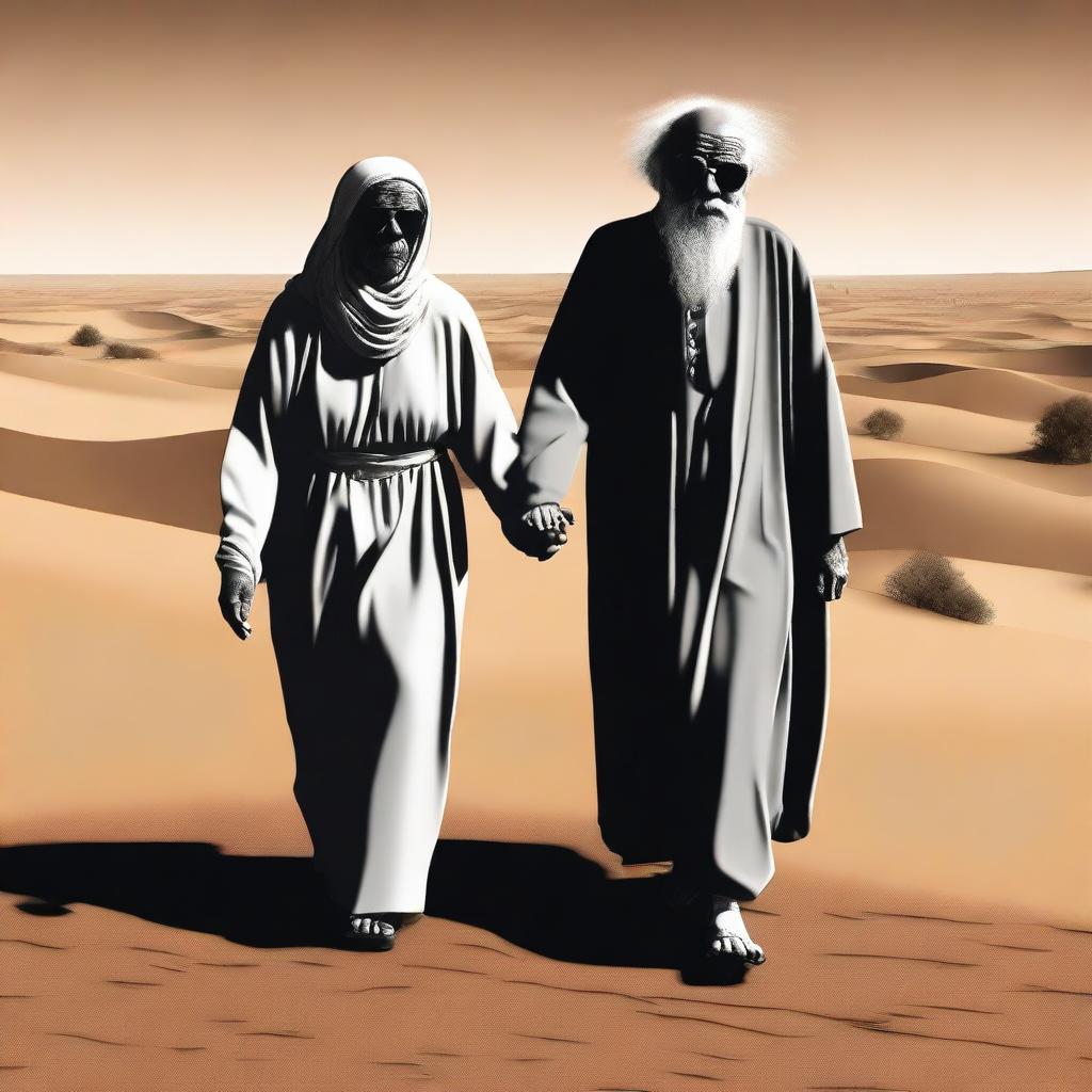 This is a digital art image of high quality, illustrating an old man and a blind old woman, identifiable by her long dress and black glasses, making their way through an expansive desert while holding hands