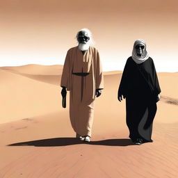 This is a digital art image of high quality, illustrating an old man and a blind old woman, identifiable by her long dress and black glasses, making their way through an expansive desert while holding hands