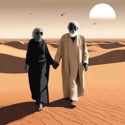 This is a digital art image of high quality, illustrating an old man and a blind old woman, identifiable by her long dress and black glasses, making their way through an expansive desert while holding hands