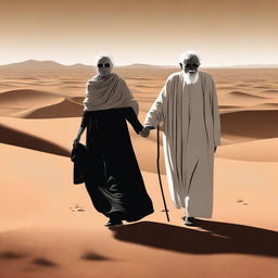 This is a digital art image of high quality, illustrating an old man and a blind old woman, identifiable by her long dress and black glasses, making their way through an expansive desert while holding hands