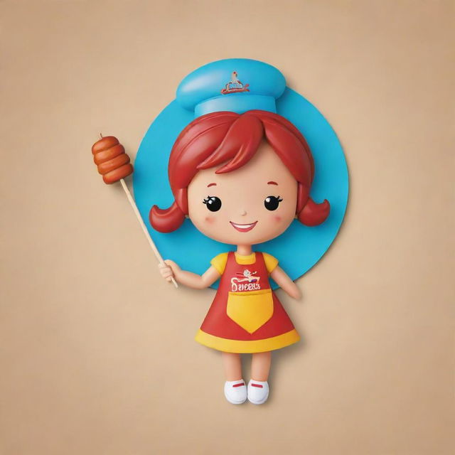 A doll holding a barbecue skewer in a logo design. The doll has cheerful features and is detailed with a BBQ skewer in its hand. The overall logo is vibrant and engaging.