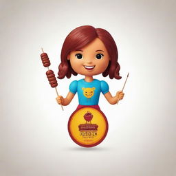 A doll holding a barbecue skewer in a logo design. The doll has cheerful features and is detailed with a BBQ skewer in its hand. The overall logo is vibrant and engaging.