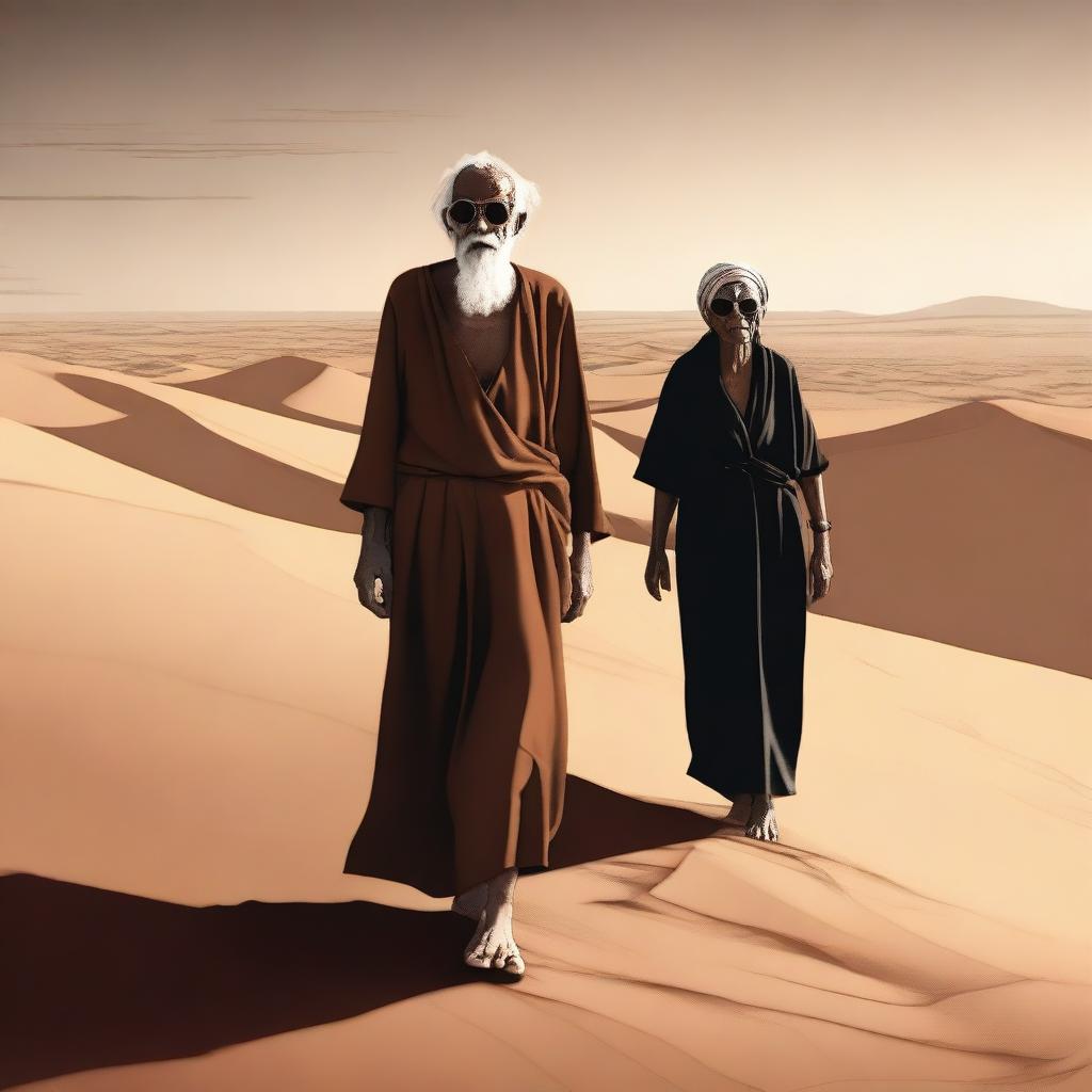 A high-quality digital art image depicts an old man without glasses and a blind old woman in a long brown dress and black glasses, hand in hand, journeying through a barren desert