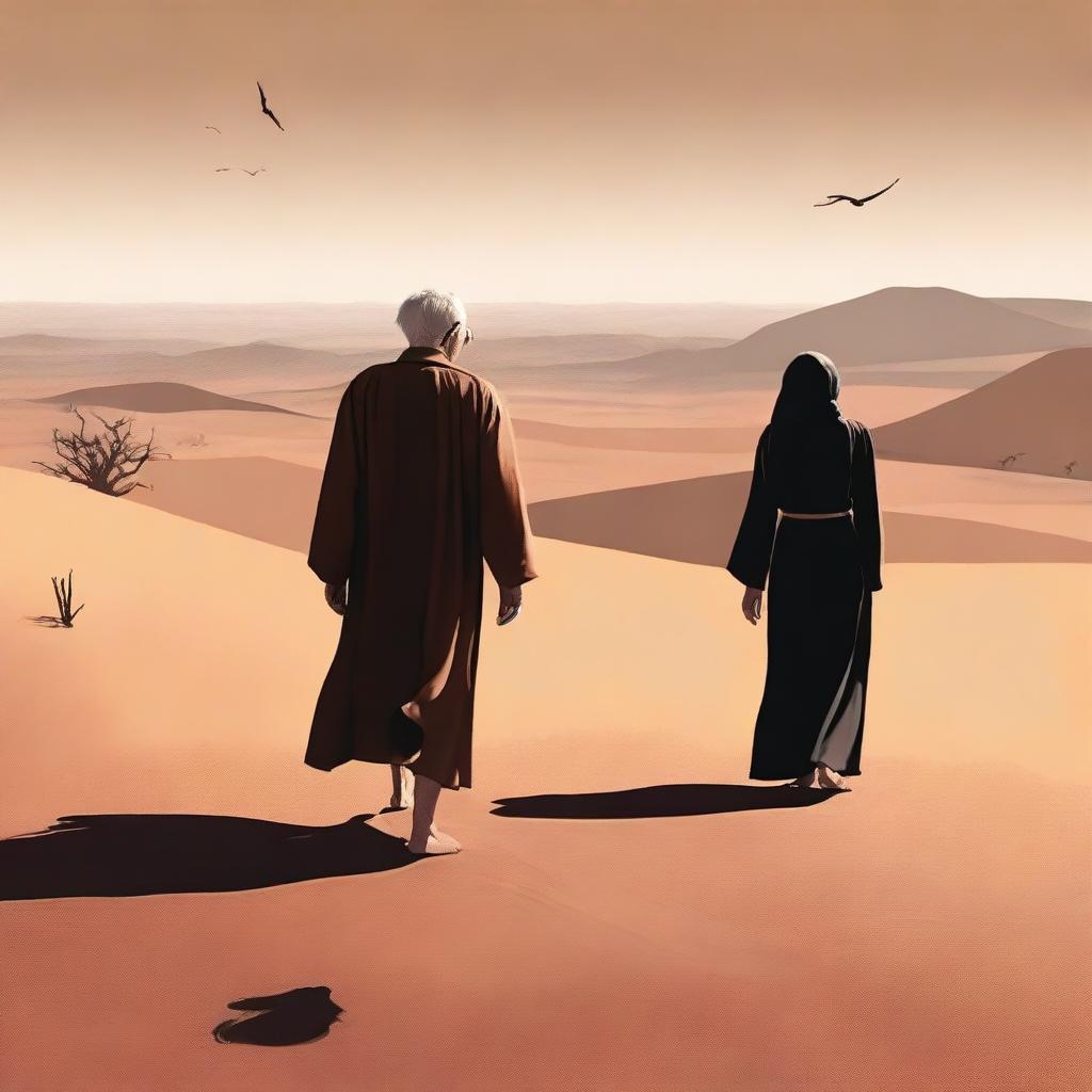 A high-quality digital art image depicts an old man without glasses and a blind old woman in a long brown dress and black glasses, hand in hand, journeying through a barren desert