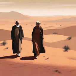 A high-quality digital art image depicts an old man without glasses and a blind old woman in a long brown dress and black glasses, hand in hand, journeying through a barren desert