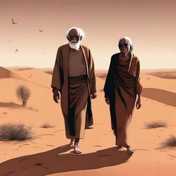 A high-quality digital art image depicts an old man without glasses and a blind old woman in a long brown dress and black glasses, hand in hand, journeying through a barren desert