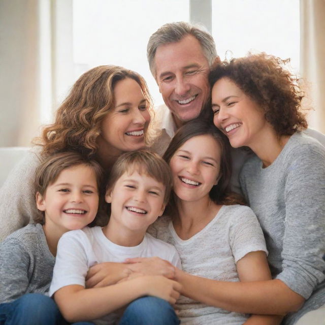 A picture-perfect moment of a happy family, parents and children, smiling joyously, sharing a light-hearted moment, radiating warmth, love, and togetherness