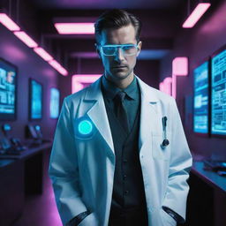 An electropunk-style doctor with digital enhancements, neon light elements, futuristic medical gadgetry and sleek attire filled with electronic devices